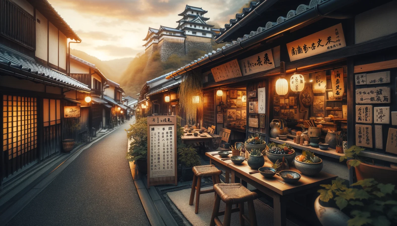 歴史ある城下町の風情を残す丹波篠山の路地にひっそりと佇む隠れ家レストラン。地元の特産品を生かした料理が並び、旅人を誘う光景。